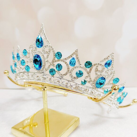 Silver crystal tiara, ocean blue crystal crown, princess tiara, vintage crown main image 4